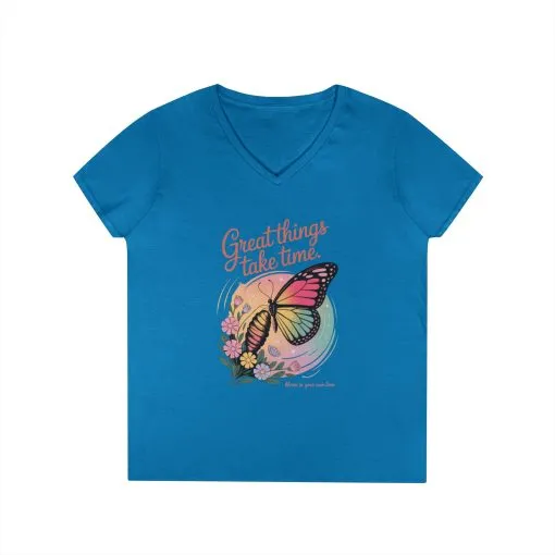 Inspiring Ladies' V-Neck T-Shirt, Great Things Take Time Butterfly Design, Relaxation, Motivation, Nature, Motivational Women's Tee - Image 9