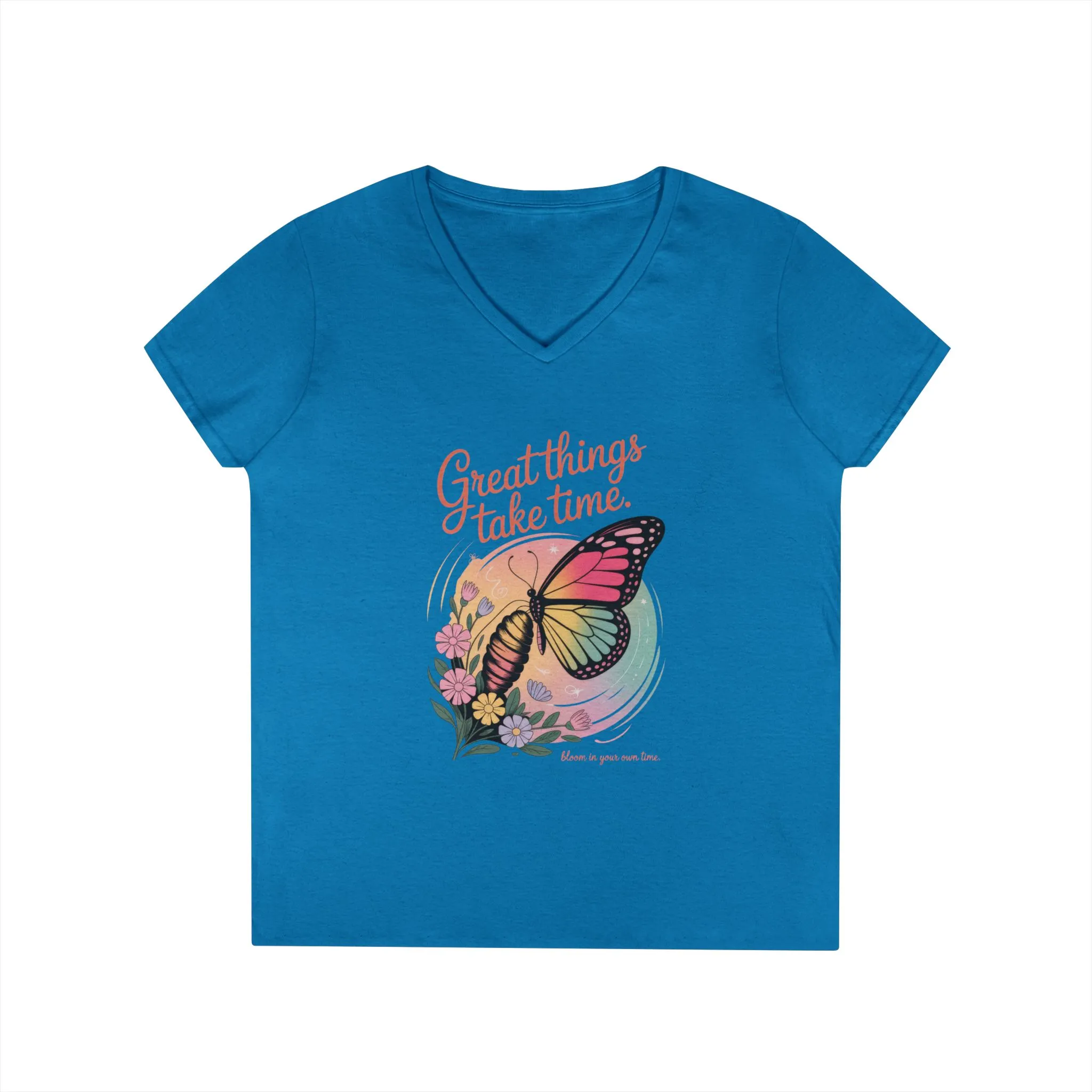 Inspiring Ladies' V-Neck T-Shirt, Great Things Take Time Butterfly Design, Relaxation, Motivation, Nature, Motivational Women's Tee - Image 9