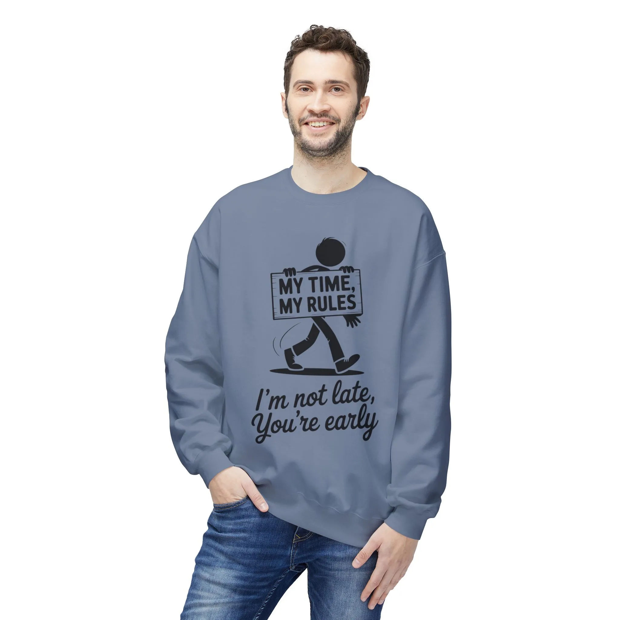 Casual Men's Crewneck Sweatshirt, Funny Sweatshirt for Men, Perfect Gift for Friends, My Time My Rules Design, Time Management Humor - Image 13