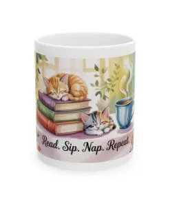 Cozy Cat Lover Mug, Ceramic Coffee Cup for Readers, Gift for Cat Lovers, Relaxing Tea Mug, Perfect for Home & Office, Book Lover Coffee Cup