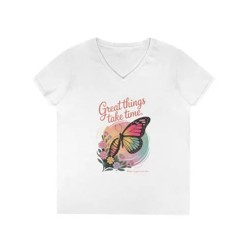 Inspiring Ladies' V-Neck T-Shirt, Great Things Take Time Butterfly Design, Relaxation, Motivation, Nature, Motivational Women's Tee - Image 2