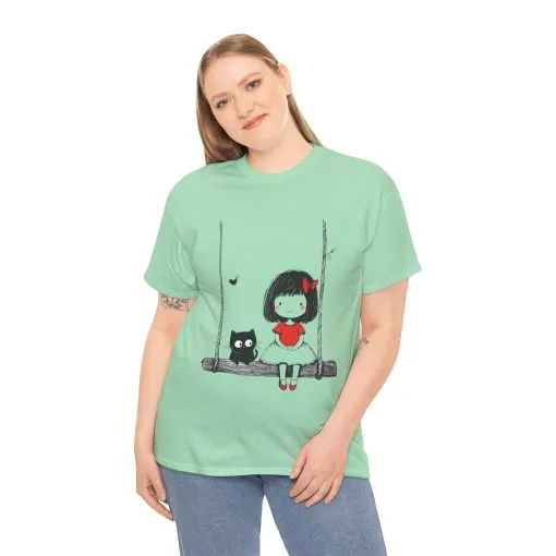 Cute Cat & Girl Graphic Tee, Playful Gift for Cat Lovers, Cat and Girl Design, Gift for Cat Owners, Women's Cotton T-Shirt - Image 11