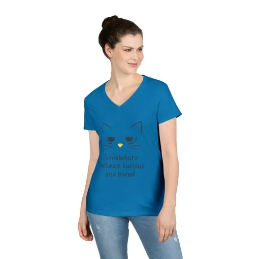Funny Cat V-Neck T-Shirt - Somewhere Between Curious and Bored, Gift for Cat Lovers, Casual Wear, Birthday Tee, Cute Animal Shirt - Image 9