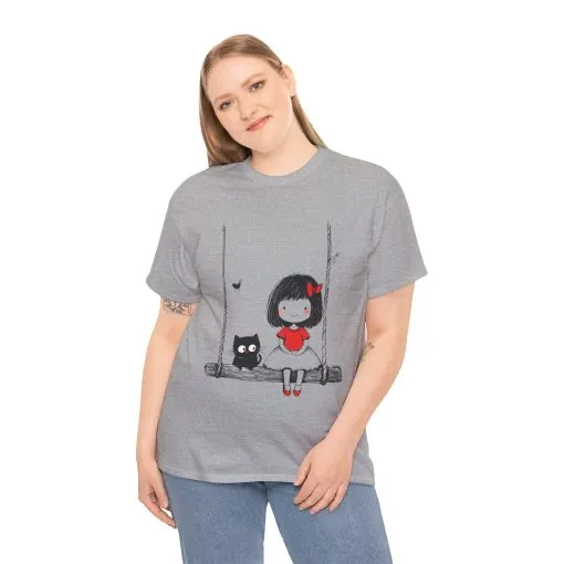 Cute Cat & Girl Graphic Tee, Playful Gift for Cat Lovers, Cat and Girl Design, Gift for Cat Owners, Women's Cotton T-Shirt - Image 7