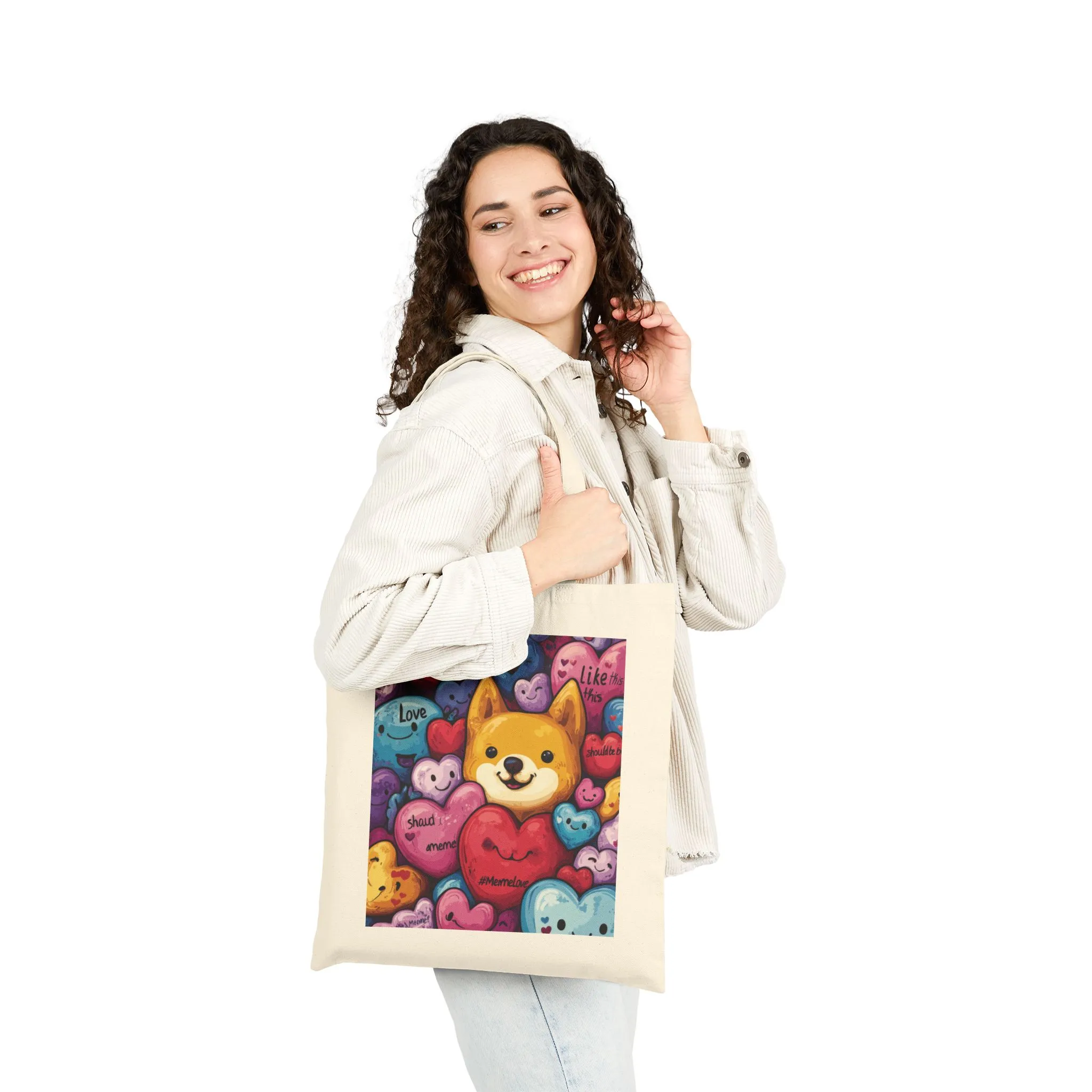 Cute Shiba Inu Heart Tote Bag, Kawaii Dog Meme Canvas Bag, Colorful Cartoon Love Shopper Gift for Dog Lovers & Valentine's Day - Image 4