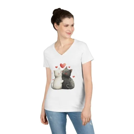 Cute Cat Love V-Neck T-Shirt, Animal Lover Gift, Valentine's Day Shirt, Cat Mom Gift, Cute Graphic Tee