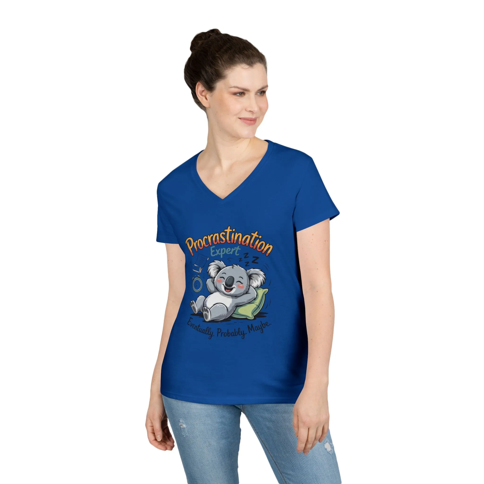 Procrastination Expert Ladies' V-Neck T-Shirt, Fun Tee for Lazy Days, Gift for Students, Casual Wear, Motivational Shirt, Cute Koala Design