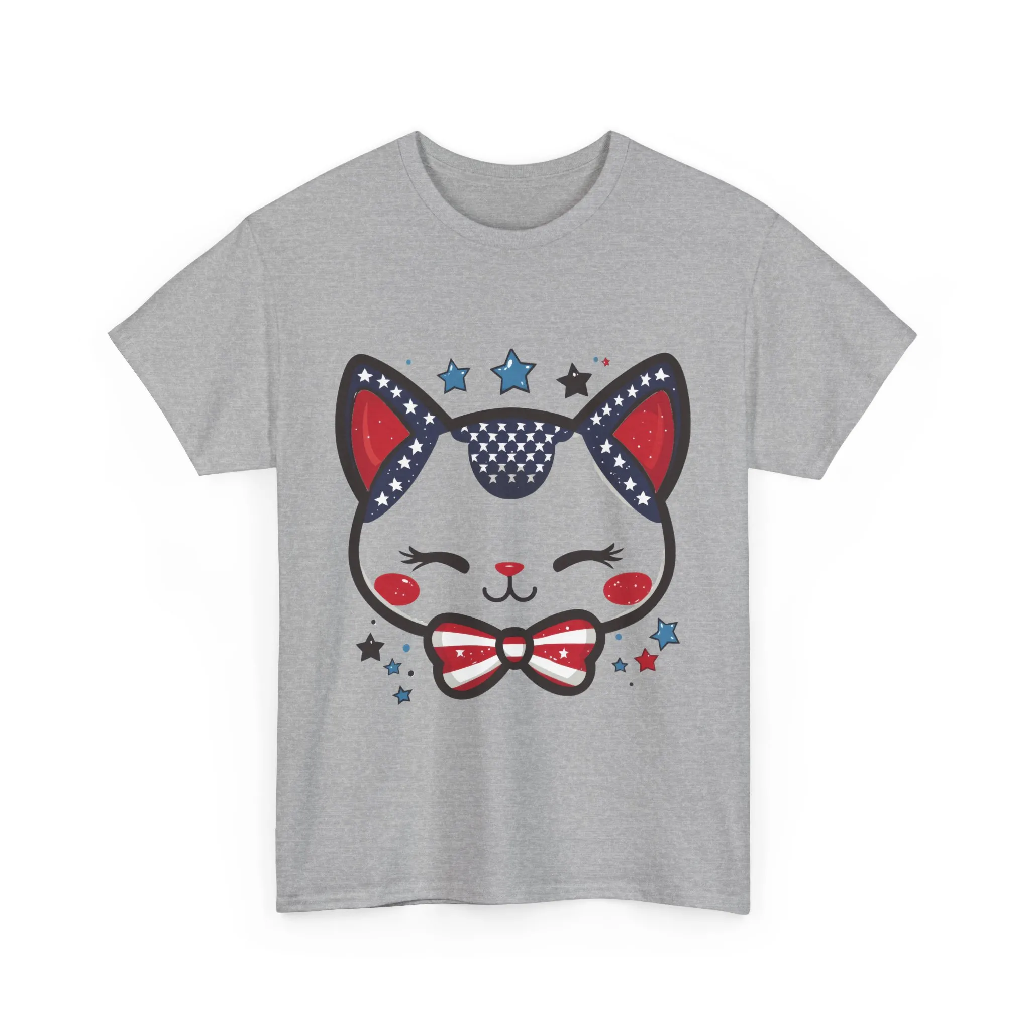 Cute Patriotic Cat Tee, Women's Heavy Cotton Shirt for Cat Lovers, Fourth of July T-Shirt, Fun Gift for Pet Owners, Summer Casual Wear - Image 3