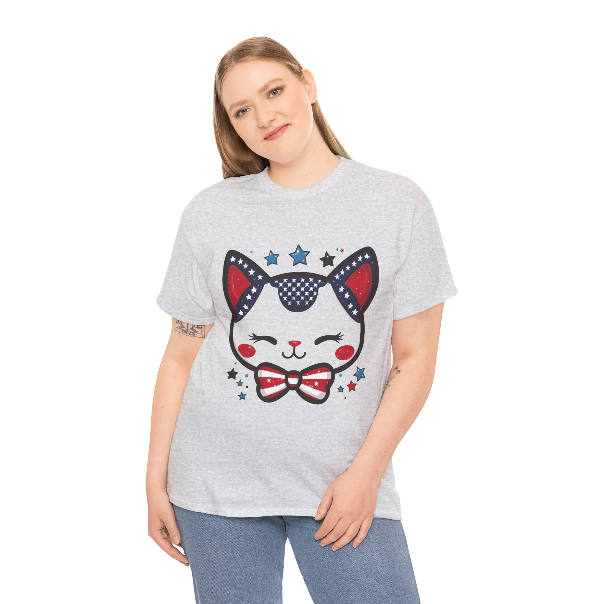 Cute Patriotic Cat Tee, Women's Heavy Cotton Shirt for Cat Lovers, Fourth of July T-Shirt, Fun Gift for Pet Owners, Summer Casual Wear - Image 8