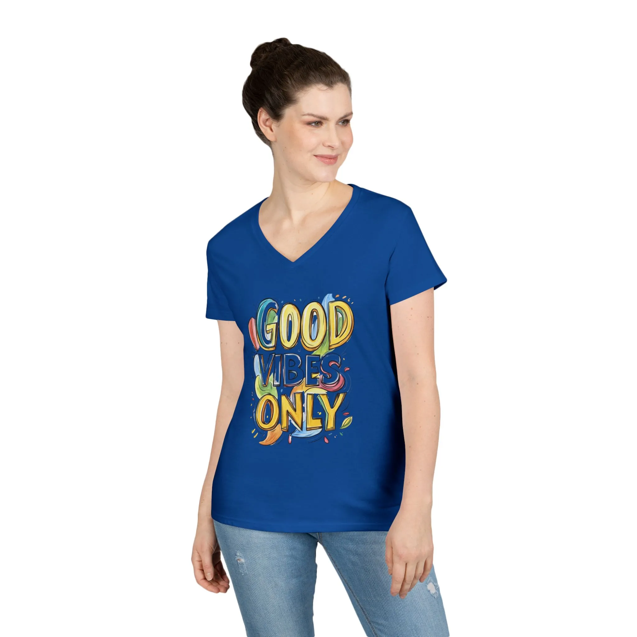 Good Vibes Only Ladies' V-Neck T-Shirt | Positive Message Tee, Casual Wear, Gift for Her, Summer Style, Feel Good Fashion, Positive Energy - Image 19