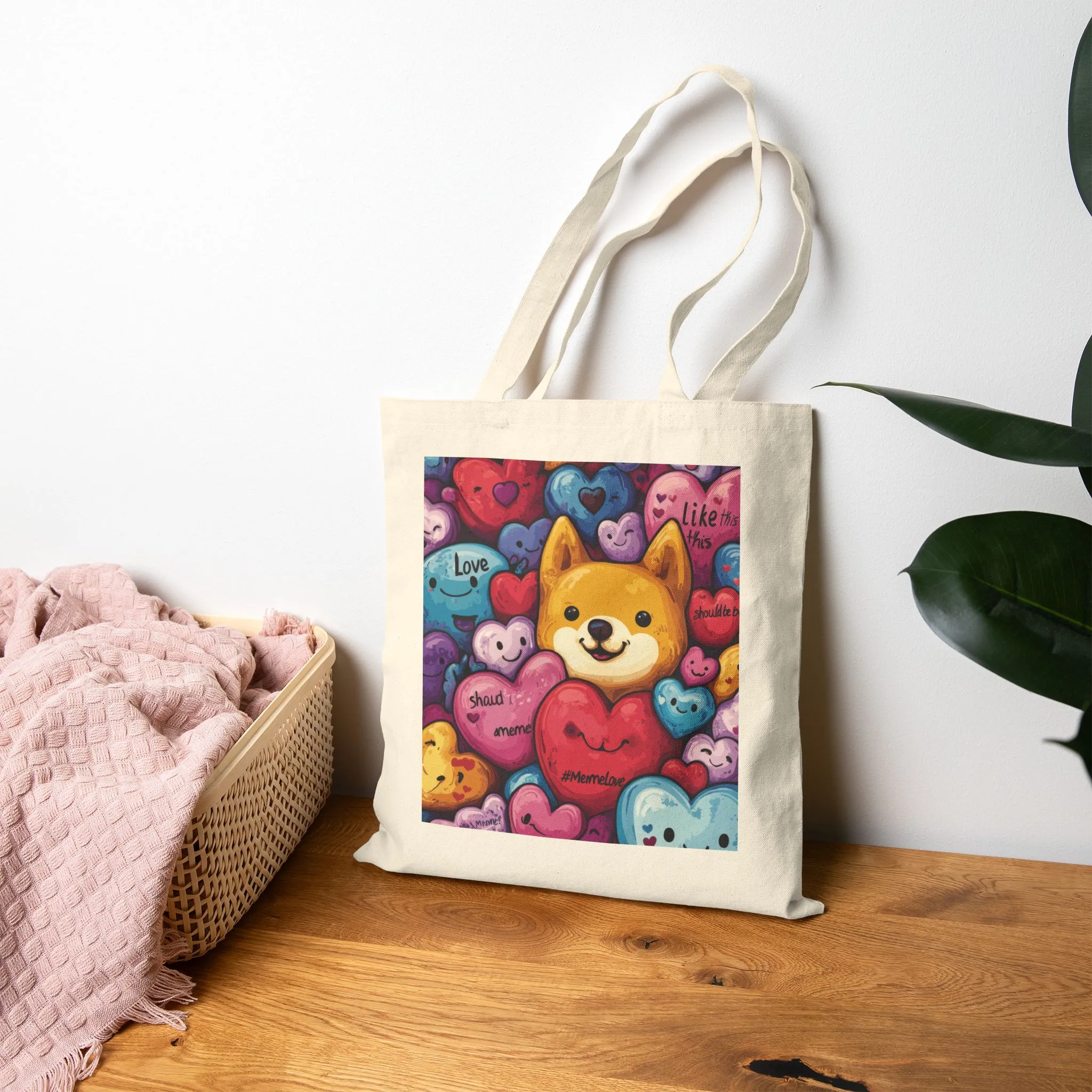 Cute Shiba Inu Heart Tote Bag, Kawaii Dog Meme Canvas Bag, Colorful Cartoon Love Shopper Gift for Dog Lovers & Valentine's Day - Image 6