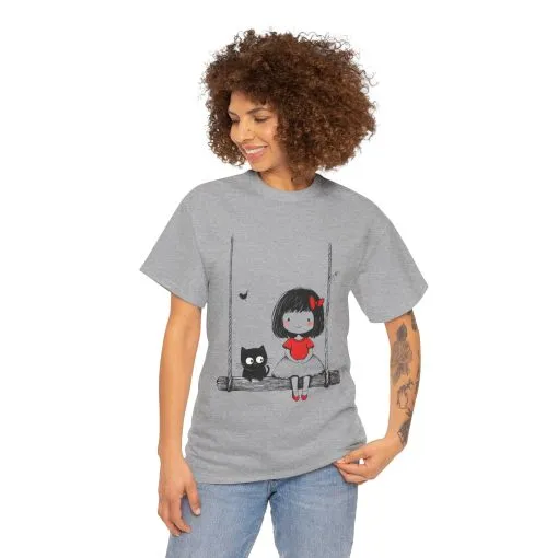 Cute Cat & Girl Graphic Tee, Playful Gift for Cat Lovers, Cat and Girl Design, Gift for Cat Owners, Women's Cotton T-Shirt - Image 8