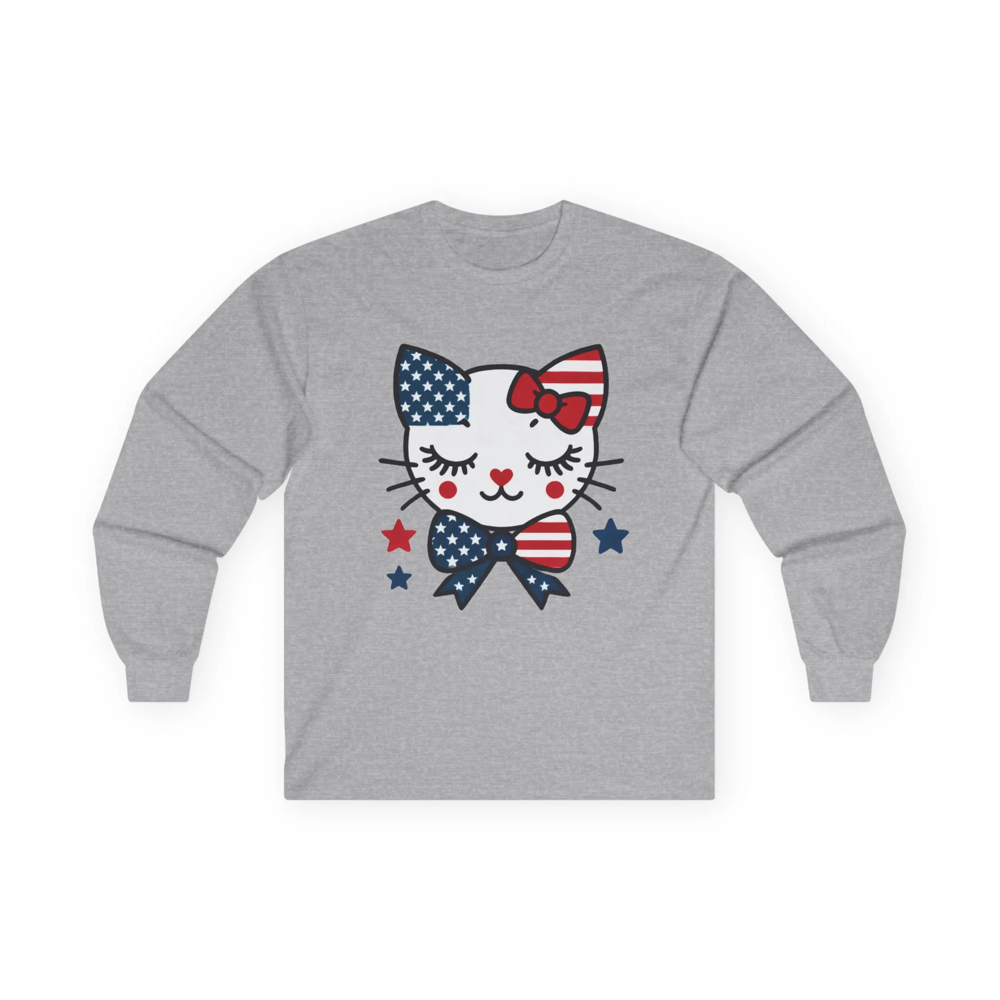 Cute Patriotic Cat Long Sleeve Tee, Women's T-Shirt for Independence Day, 4th of July Celebration, Animal Lover Gift, USA Flag Design - Image 10