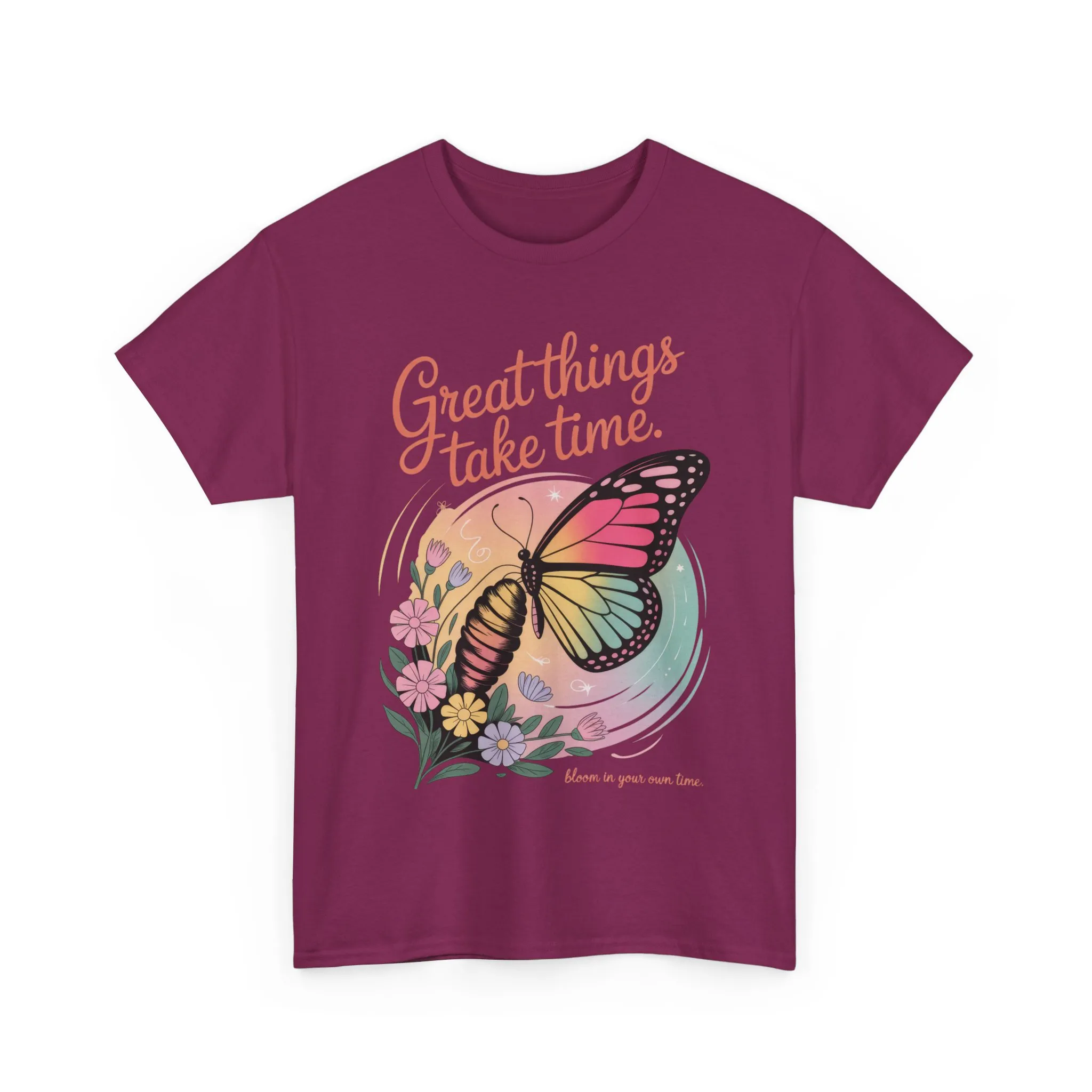 Butterfly Motivational Women's Heavy Cotton Tee, Great Things Take Time Shirt, Gift for Nature Lovers, Inspirational Apparel, Summer Outfit - Image 33