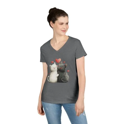 Cute Cat Love V-Neck T-Shirt, Animal Lover Gift, Valentine's Day Shirt, Cat Mom Gift, Cute Graphic Tee - Image 5