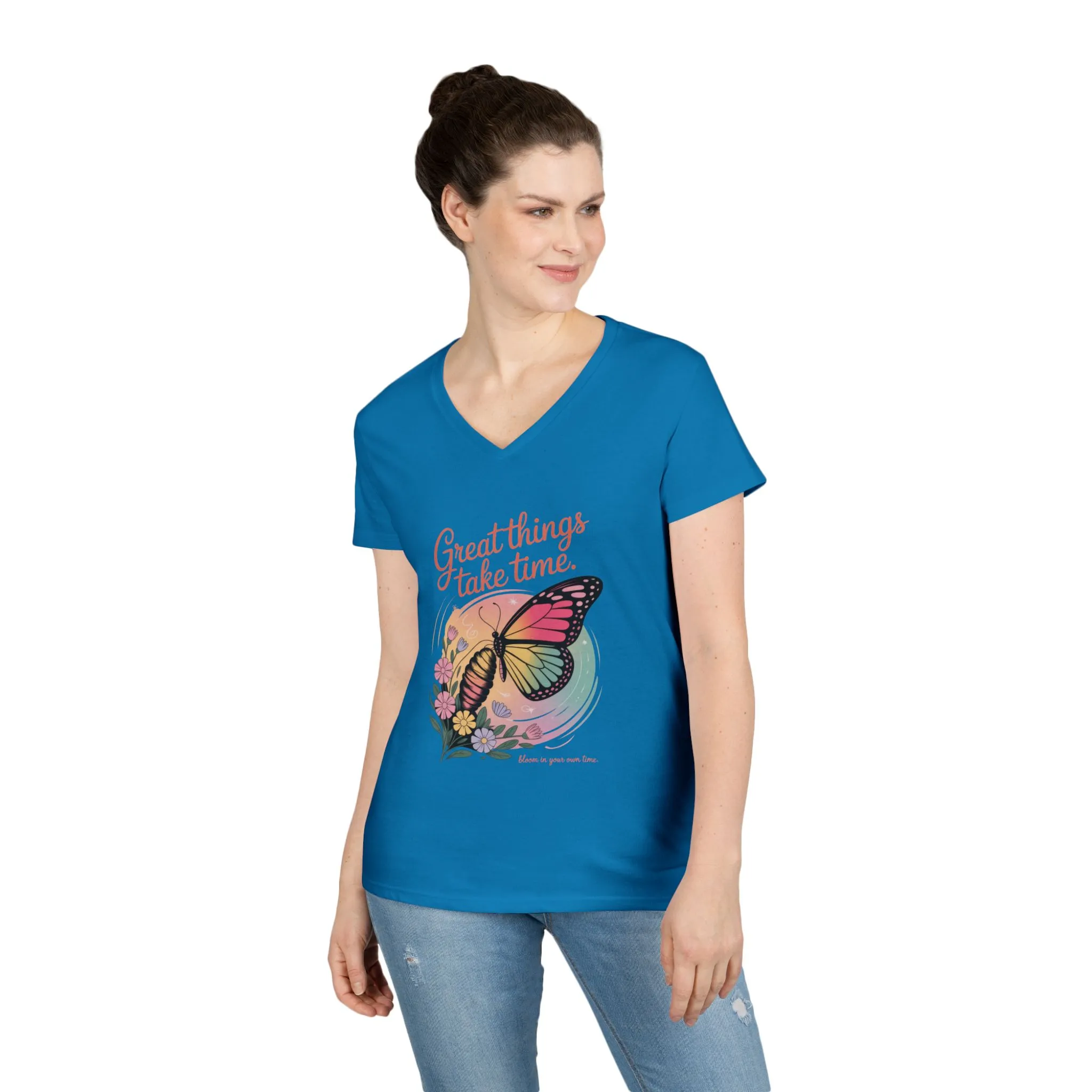 Inspiring Ladies' V-Neck T-Shirt, Great Things Take Time Butterfly Design, Relaxation, Motivation, Nature, Motivational Women's Tee - Image 10