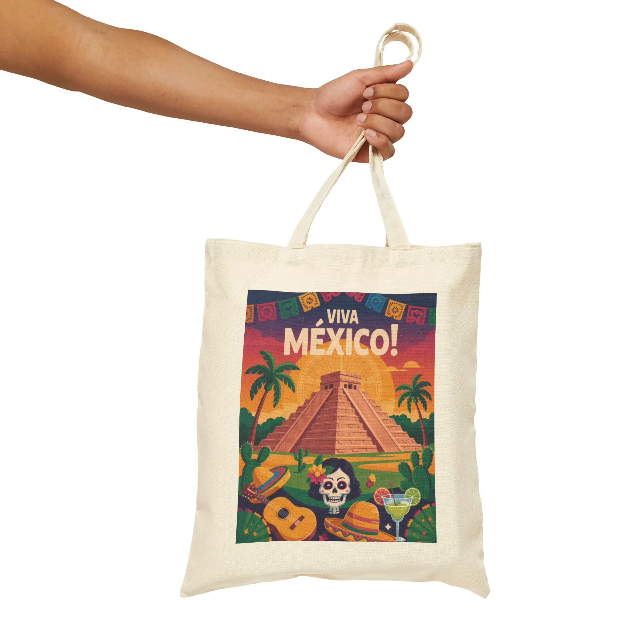 Viva Mexico Cotton Canvas Tote Bag, Eco-Friendly Grocery Bag, Bohemian Beach Bag, Travel Tote, Day of the Dead Gift - Image 4