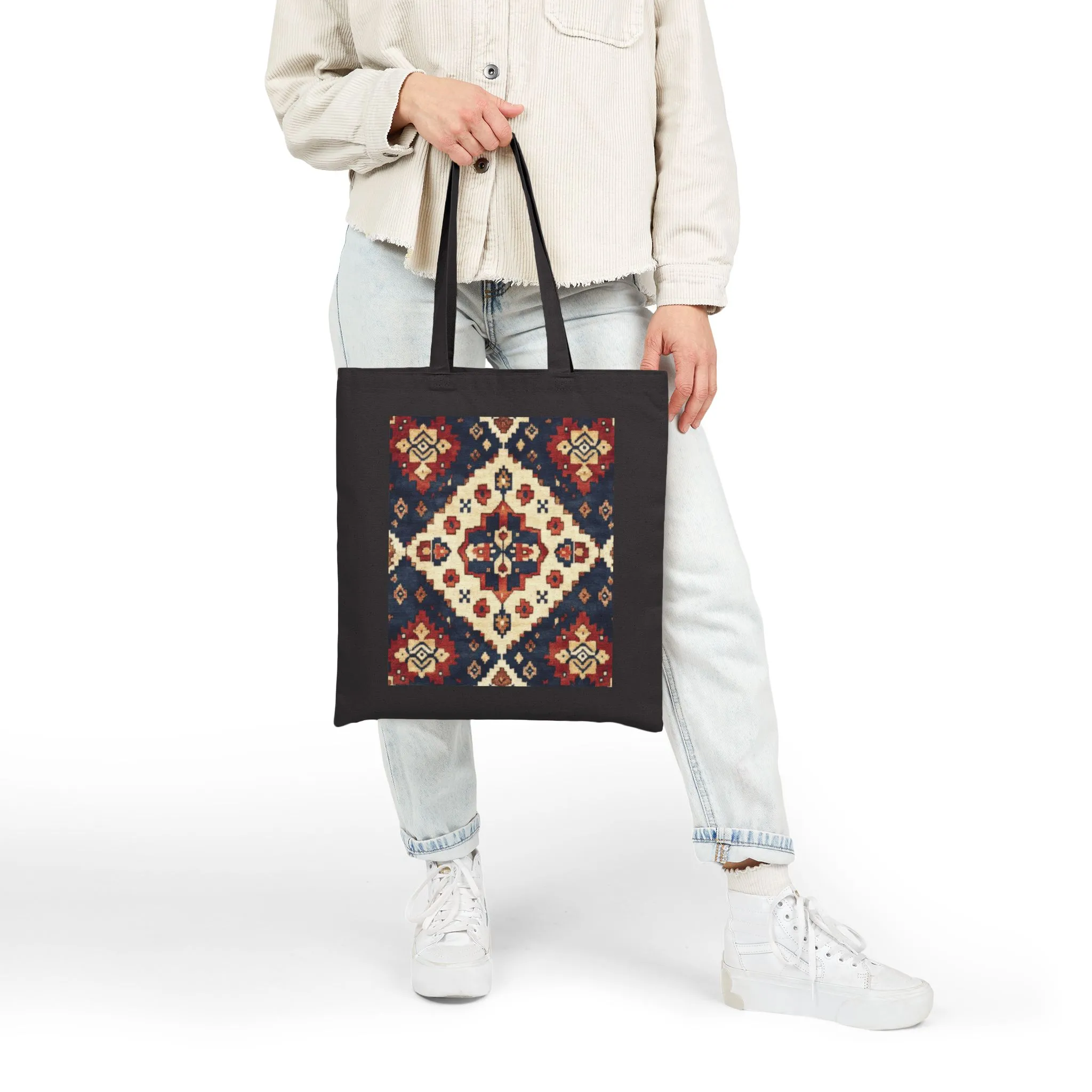 Boho Cotton Canvas Tote Bag, Shopping Bag for Everyday Use, Beach, Grocery, Gifts, Sustainable Style, Traditional Turkish Carpet Pattern - Image 3
