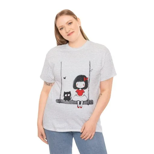 Cute Cat & Girl Graphic Tee, Playful Gift for Cat Lovers, Cat and Girl Design, Gift for Cat Owners, Women's Cotton T-Shirt - Image 4