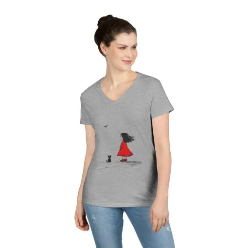 Whimsical V-Neck T-Shirt for Dreamers, Cute Graphic Tee, Animal Lovers Shirt, Stylish Casual Wear, Gifts for Her, Cat Lover T-Shirt - Image 4
