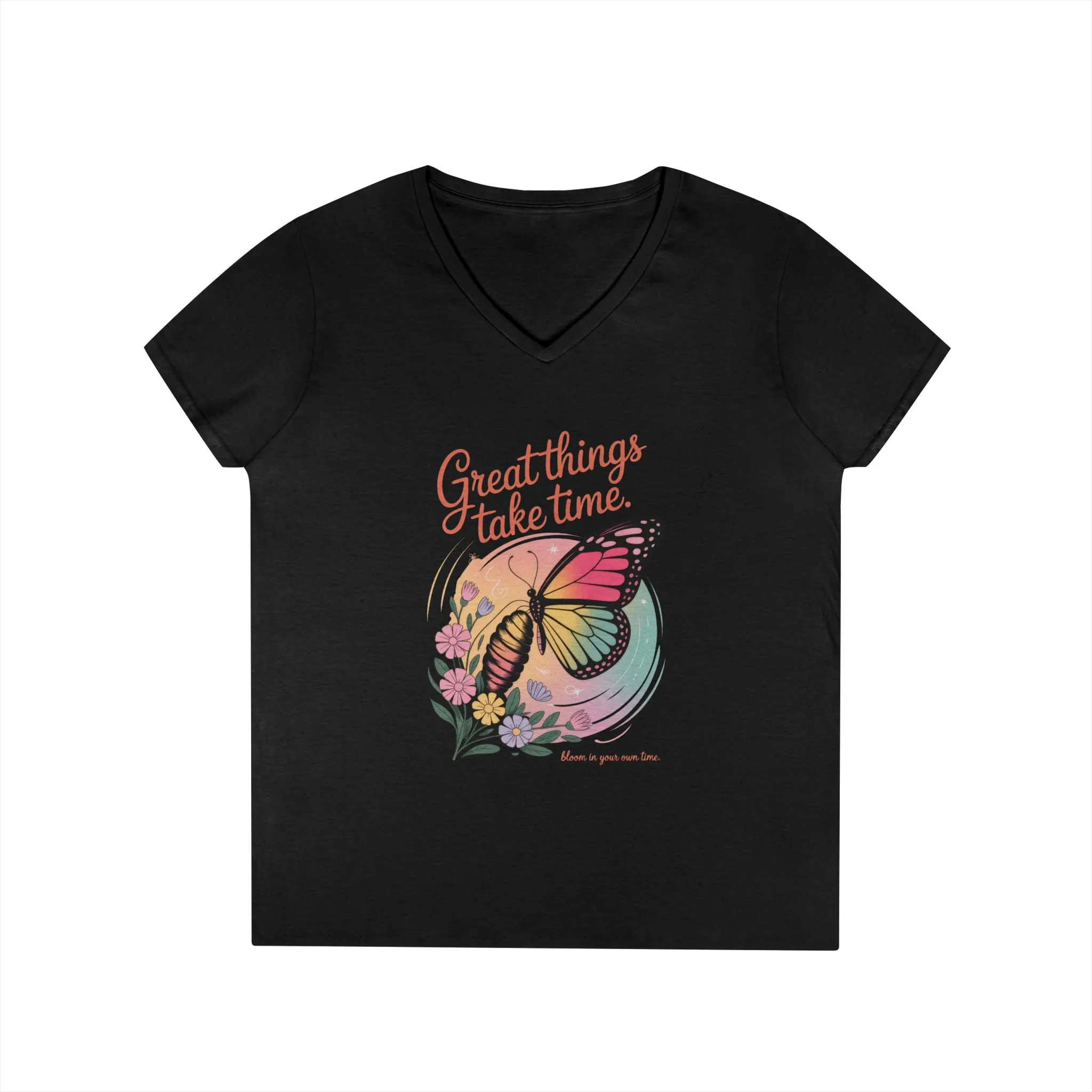 Inspiring Ladies' V-Neck T-Shirt, Great Things Take Time Butterfly Design, Relaxation, Motivation, Nature, Motivational Women's Tee - Image 3