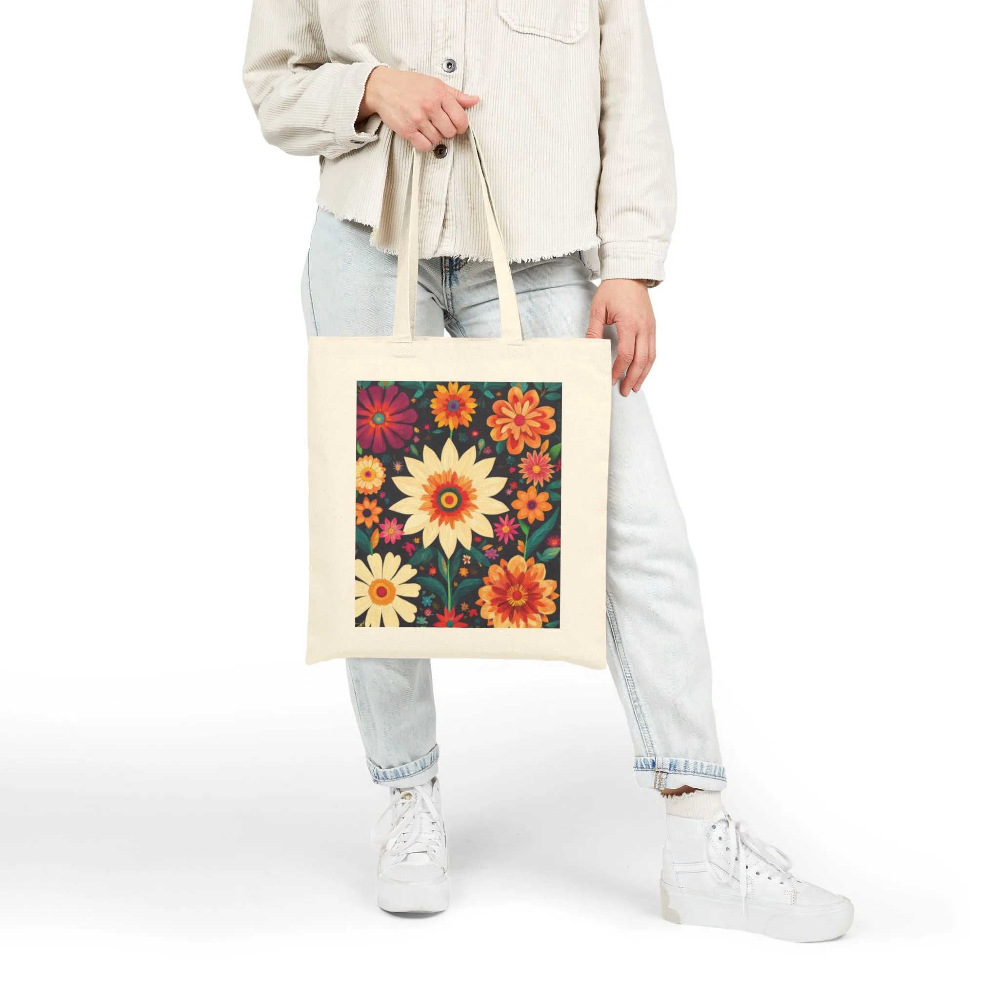 Floral Cotton Canvas Tote Bag, Eco-Friendly Shopping Bag, Reusable Grocery Tote, Boho Chic Gift, Market Bag with Flower Design - Image 9