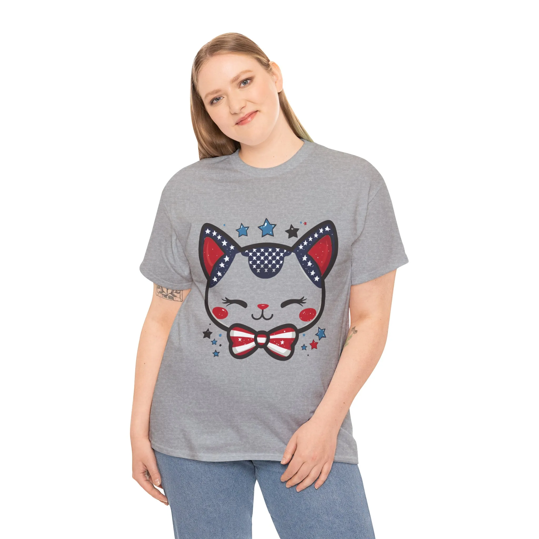Cute Patriotic Cat Tee, Women's Heavy Cotton Shirt for Cat Lovers, Fourth of July T-Shirt, Fun Gift for Pet Owners, Summer Casual Wear - Image 2