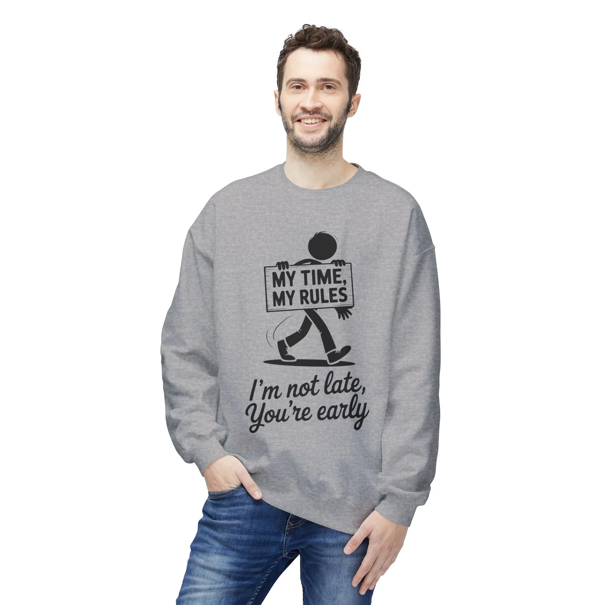 Casual Men's Crewneck Sweatshirt, Funny Sweatshirt for Men, Perfect Gift for Friends, My Time My Rules Design, Time Management Humor - Image 5