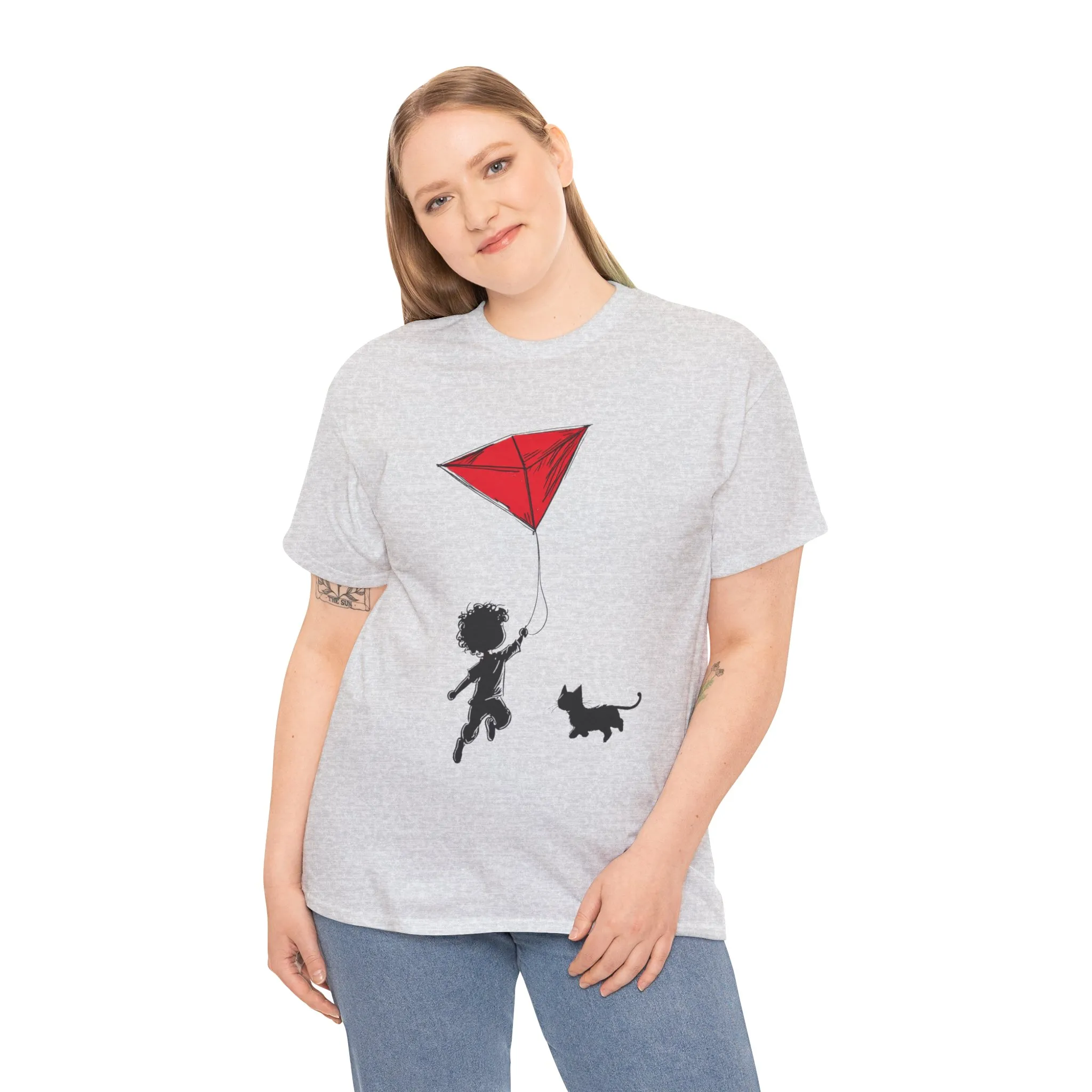 Cute Kid and Cat Design T-Shirt, Playful Gift for Cat Lovers, Summer Style, Cat Lover T-Shirt, Gift for Cat Owners, Women's Cotton T-Shirt - Image 2