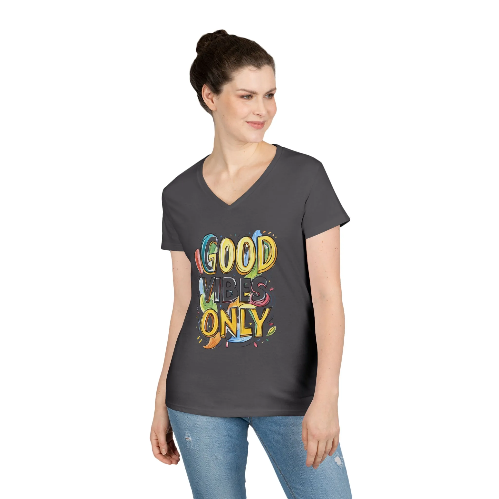 Good Vibes Only Ladies' V-Neck T-Shirt | Positive Message Tee, Casual Wear, Gift for Her, Summer Style, Feel Good Fashion, Positive Energy - Image 9