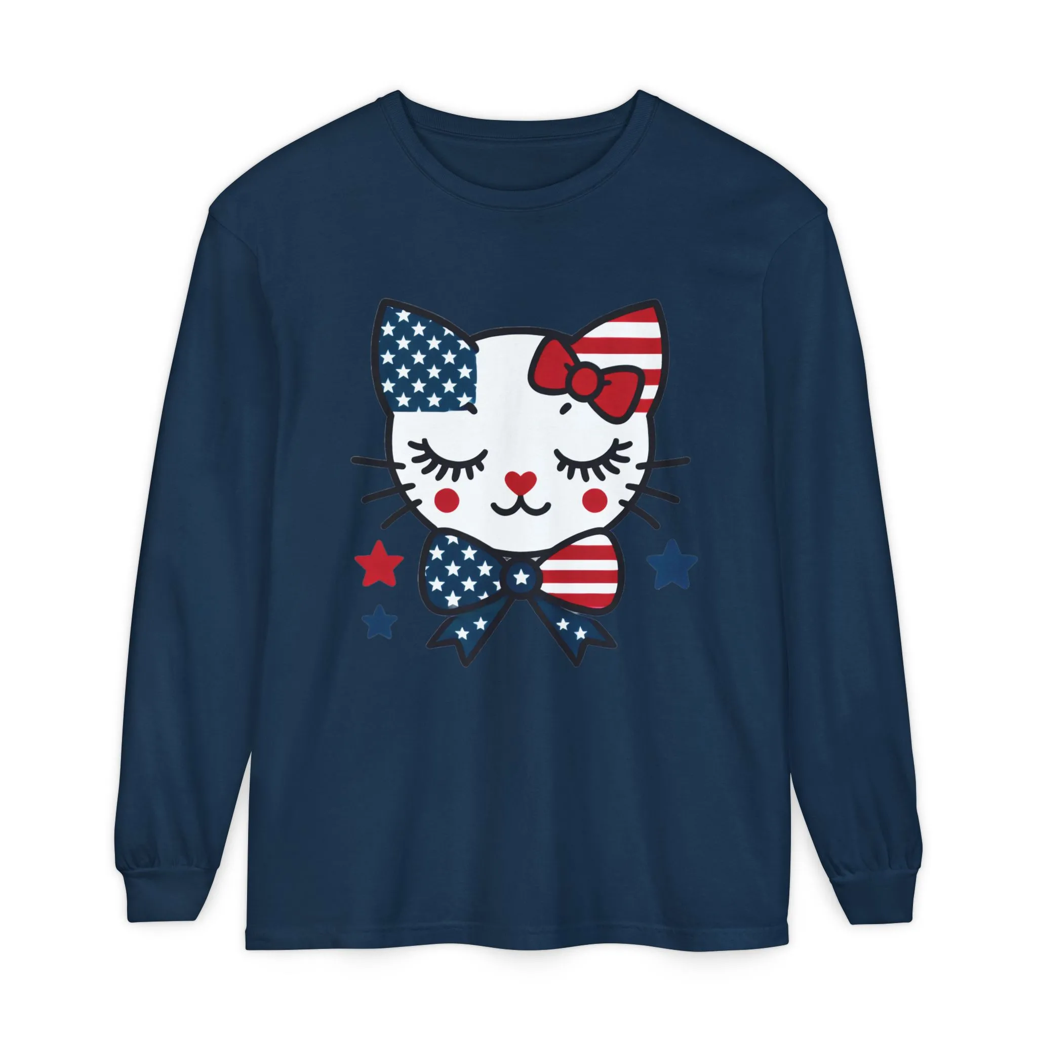 Patriotic Cat Long Sleeve T-Shirt, Womens Tee, Perfect for Fourth of July, Animal Lover Gift, Cozy Casual Wear, Holiday Apparel - Image 11
