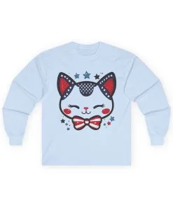 Cute Patriotic Cat Long Sleeve Tee, Unisex Cotton Shirt, Cat Lover Gift, 4th of July Tee, Fun Casual Wear, Holiday Apparel