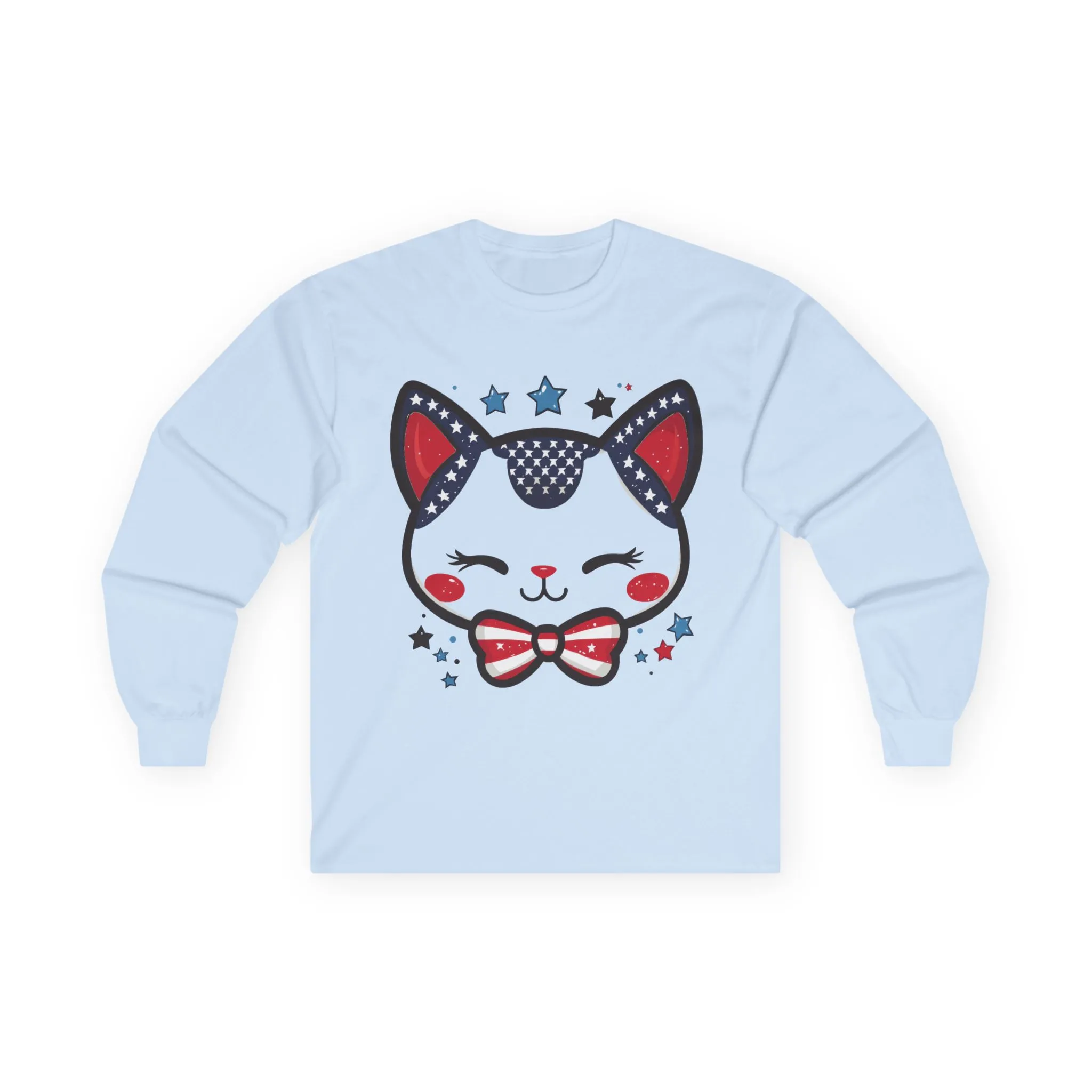 Cute Patriotic Cat Long Sleeve Tee, Unisex Cotton Shirt, Cat Lover Gift, 4th of July Tee, Fun Casual Wear, Holiday Apparel