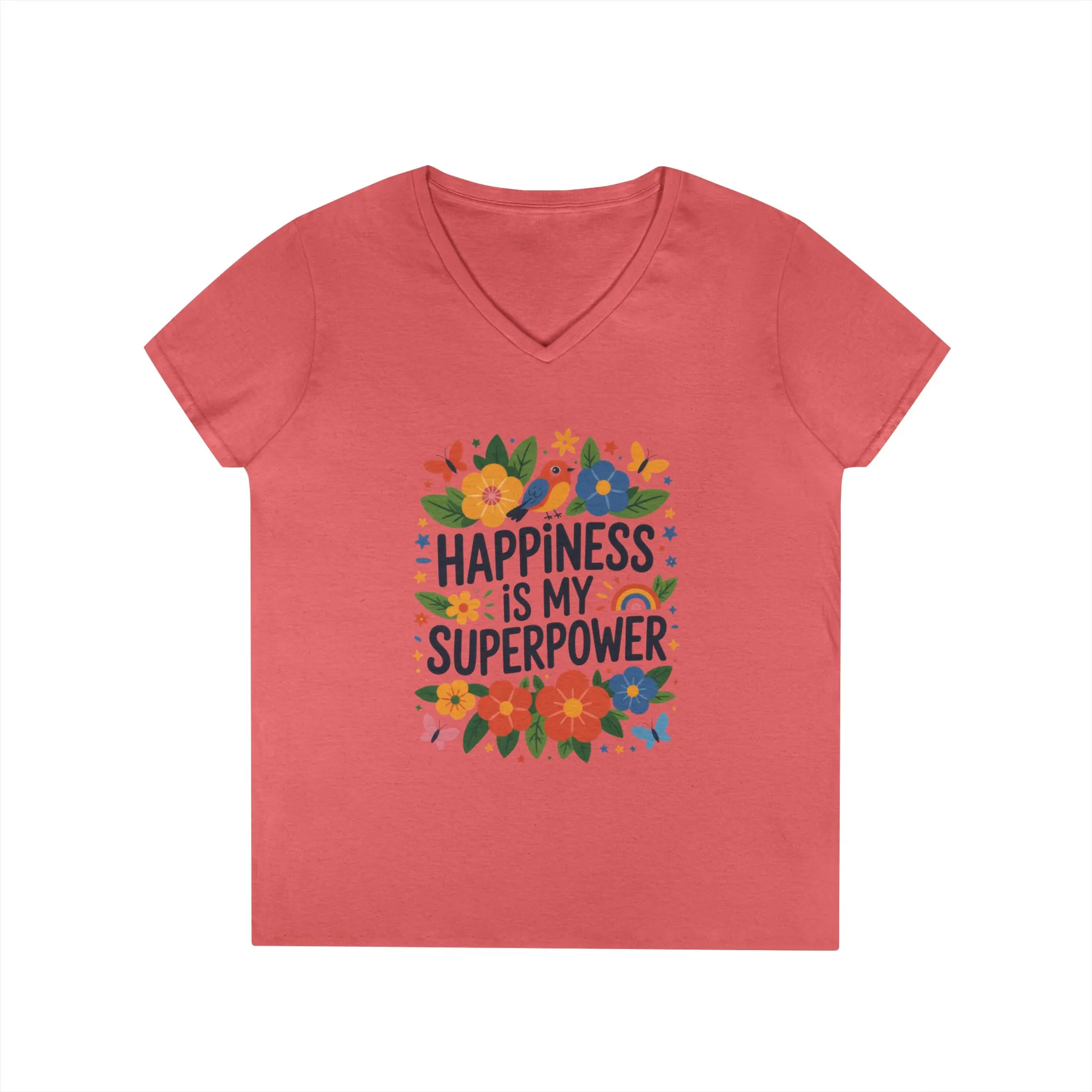 Happiness is My Superpower V-Neck T-Shirt, Floral Motivational Tee, Gift for Her, Positive Quote Shirt, Joyful Statement Tee - Image 6
