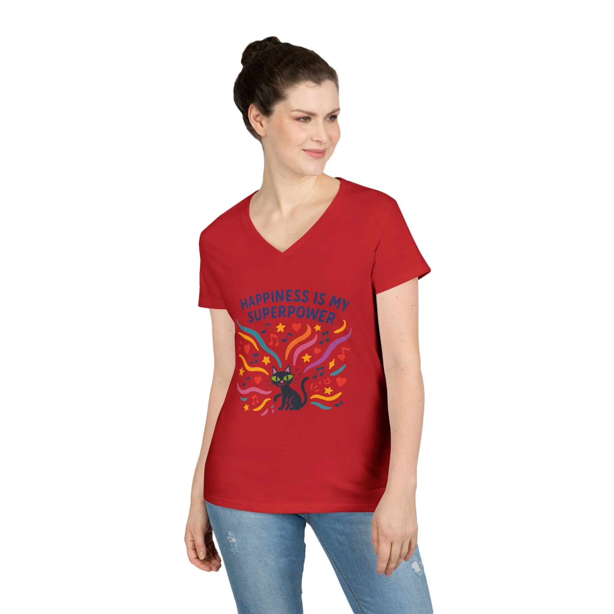 Happiness Is My Superpower V-Neck T-Shirt, Cat Lover Tee, Gift for Her, Cute Graphic Shirt, Music Enthusiast Apparel, Funny Cat Shirt - Image 21