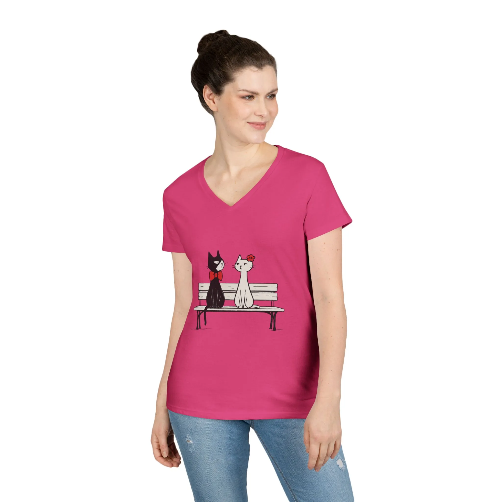Cute Cat Lovers V-Neck T-Shirt, Casual Wear, Gift for Her, Pet Lovers, Best Friend Gift, Cute Cat Design, Valentine's Day, Cat Love - Image 11
