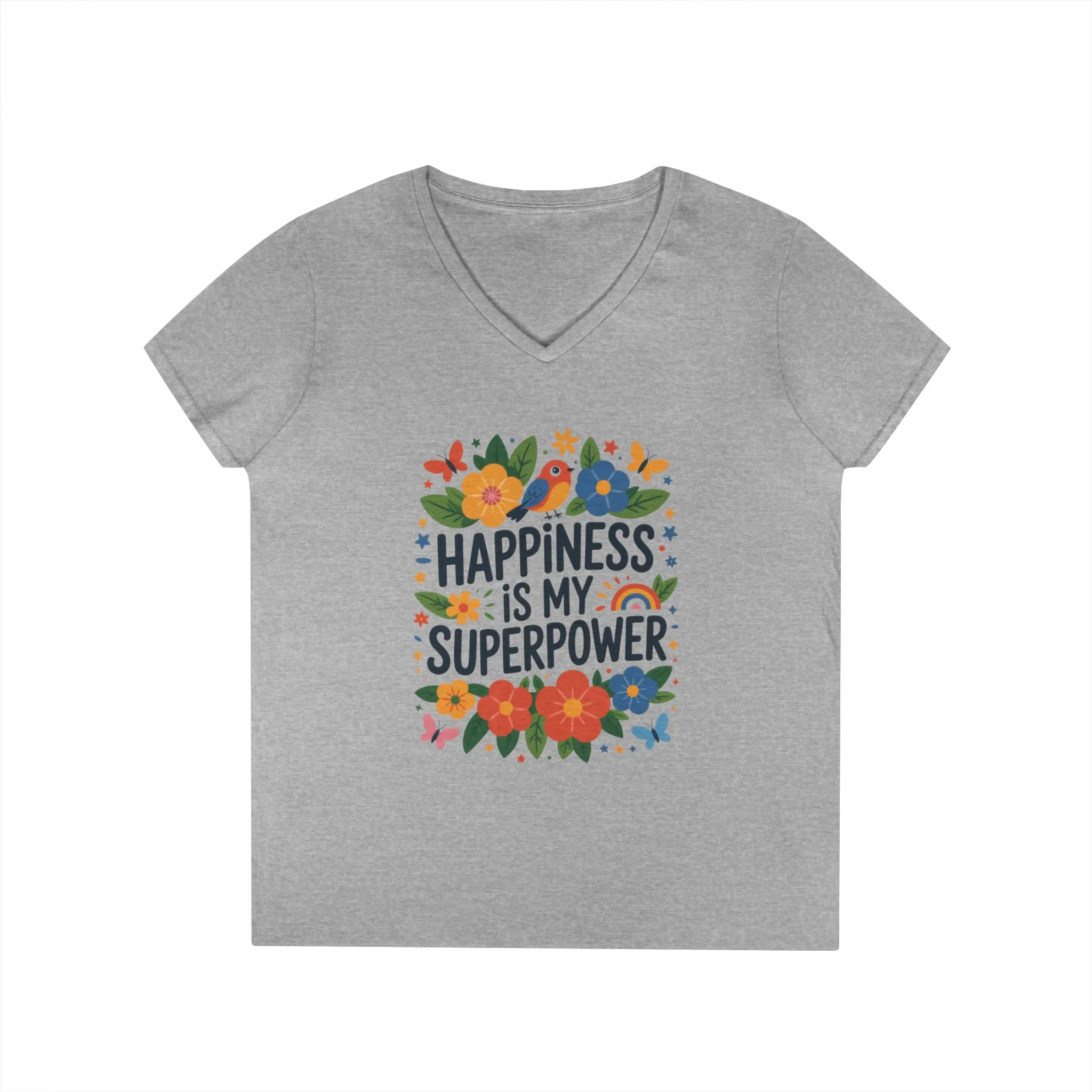 Happiness is My Superpower V-Neck T-Shirt, Floral Motivational Tee, Gift for Her, Positive Quote Shirt, Joyful Statement Tee - Image 2