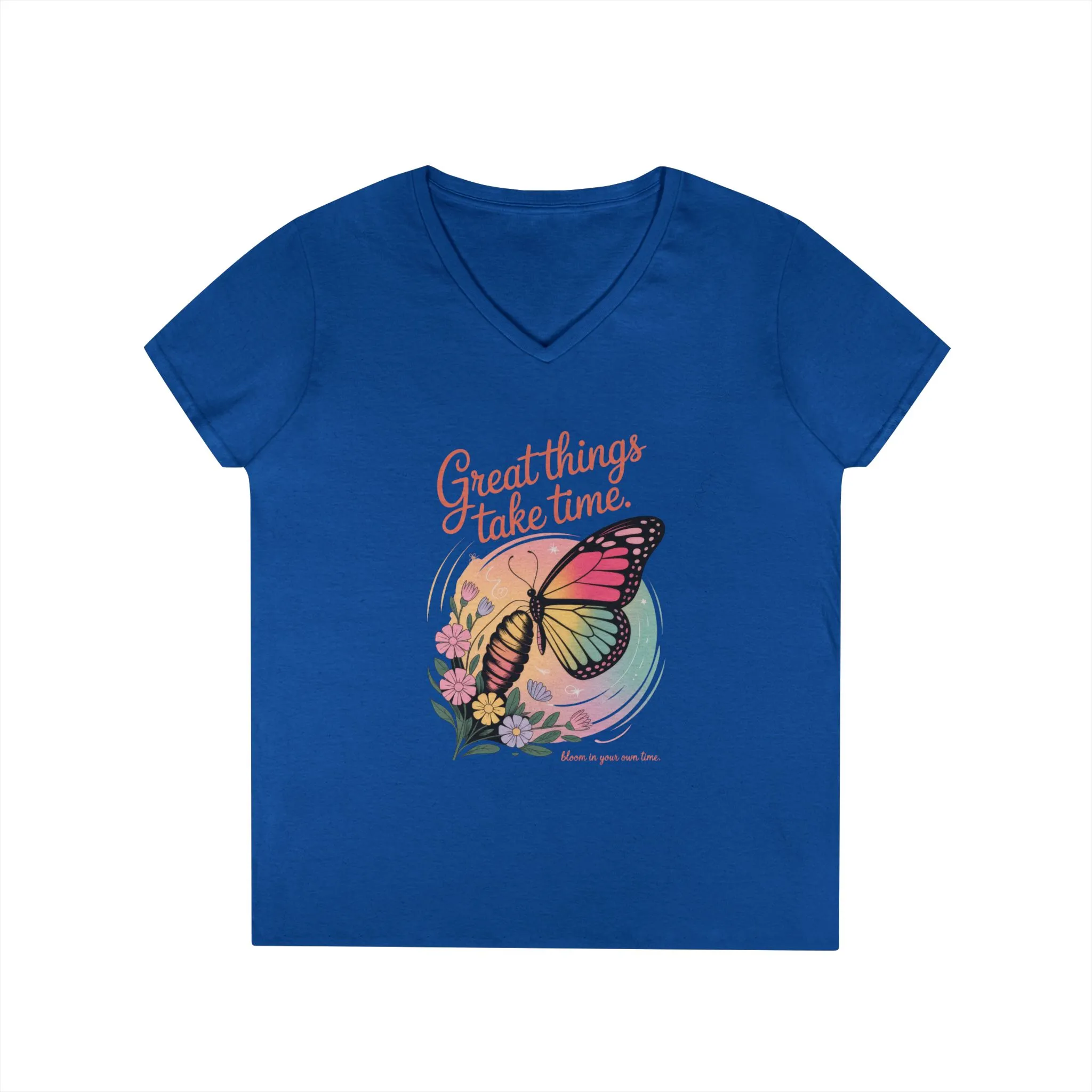 Inspiring Ladies' V-Neck T-Shirt, Great Things Take Time Butterfly Design, Relaxation, Motivation, Nature, Motivational Women's Tee - Image 11