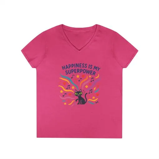 Happiness Is My Superpower V-Neck T-Shirt, Cat Lover Tee, Gift for Her, Cute Graphic Shirt, Music Enthusiast Apparel, Funny Cat Shirt - Image 16