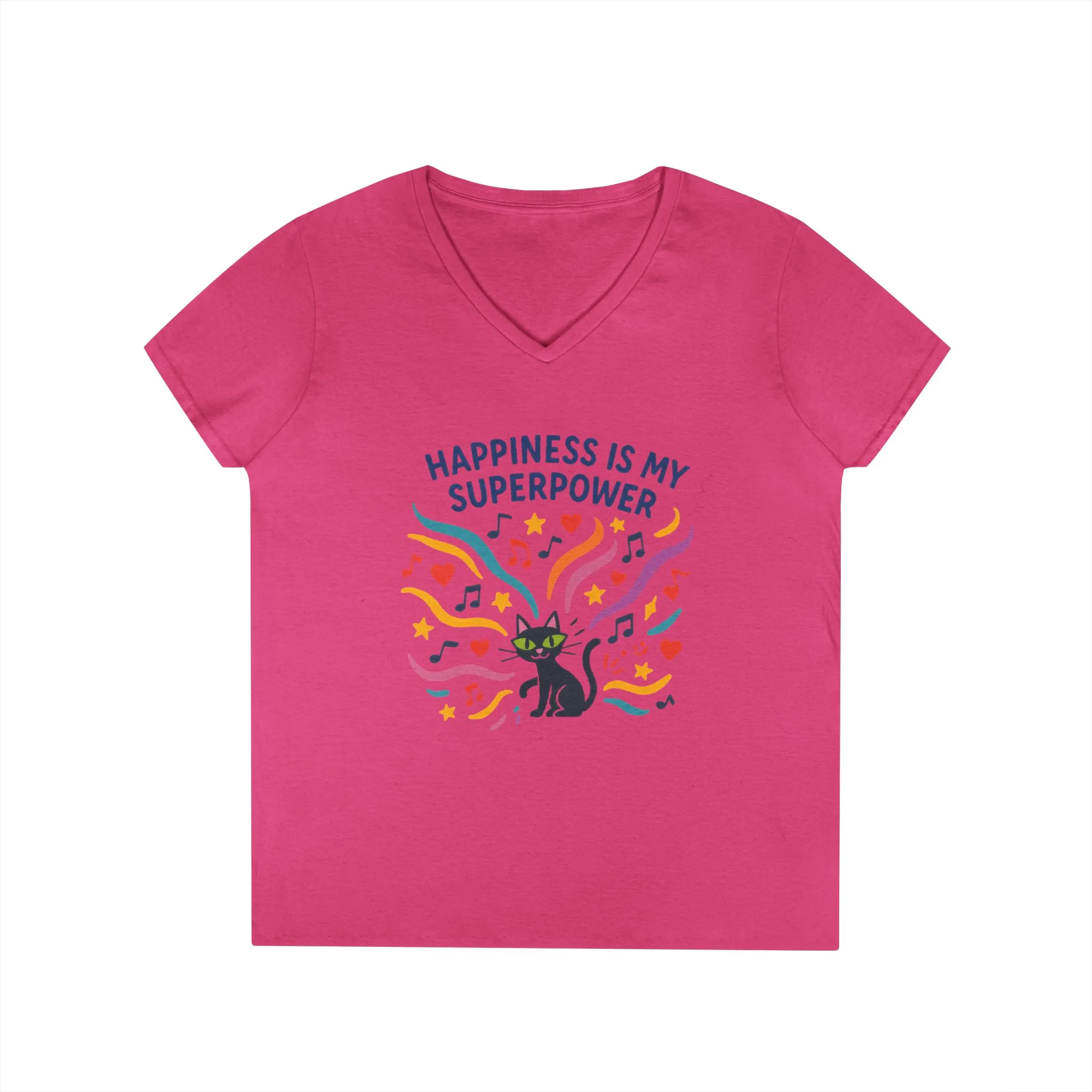 Happiness Is My Superpower V-Neck T-Shirt, Cat Lover Tee, Gift for Her, Cute Graphic Shirt, Music Enthusiast Apparel, Funny Cat Shirt - Image 16