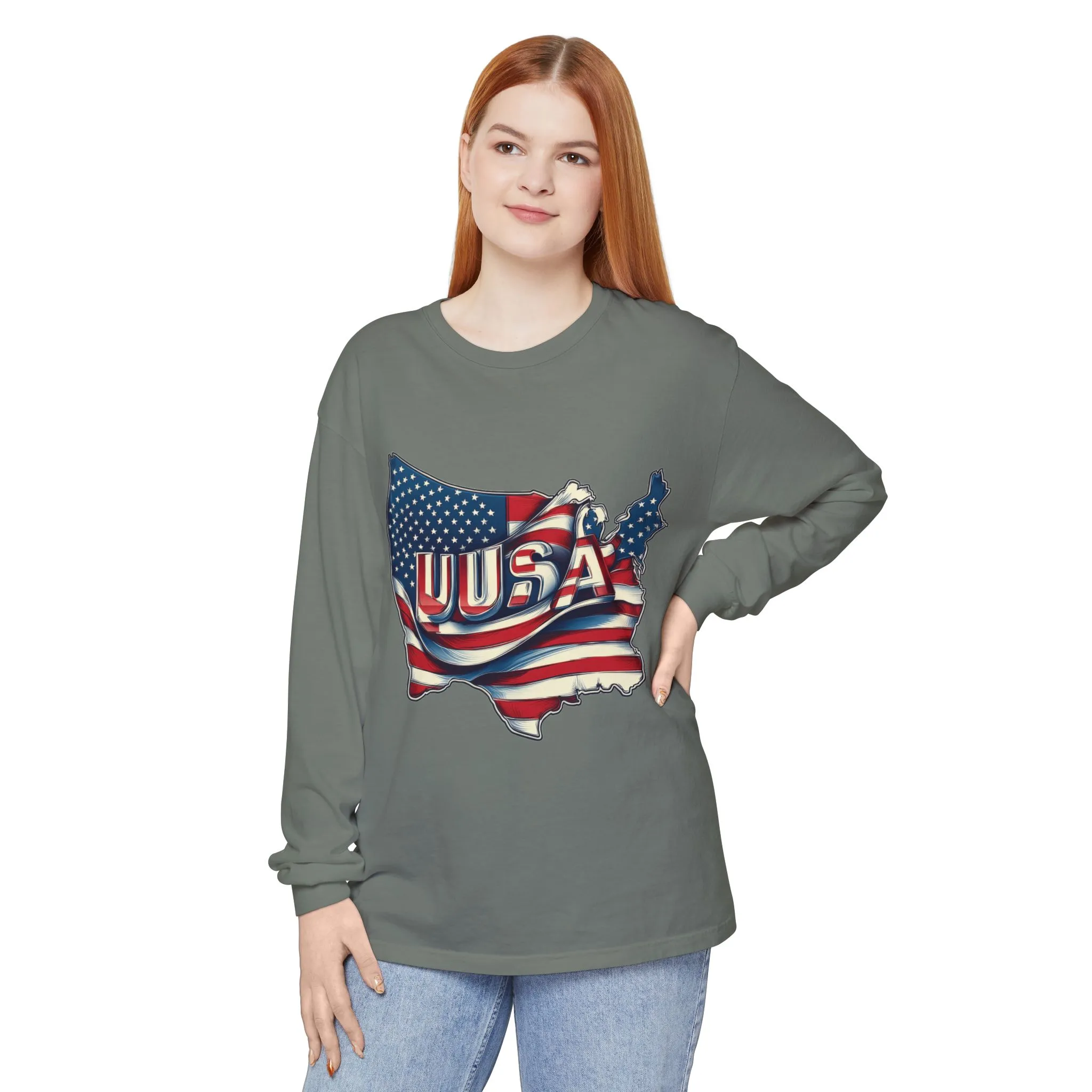 USA Flag Long Sleeve Tee, Unisex Garment-Dyed Shirt, Patriotic Top, All-American Apparel, Independence Day Style, Comfortable Casual Wear - Image 9