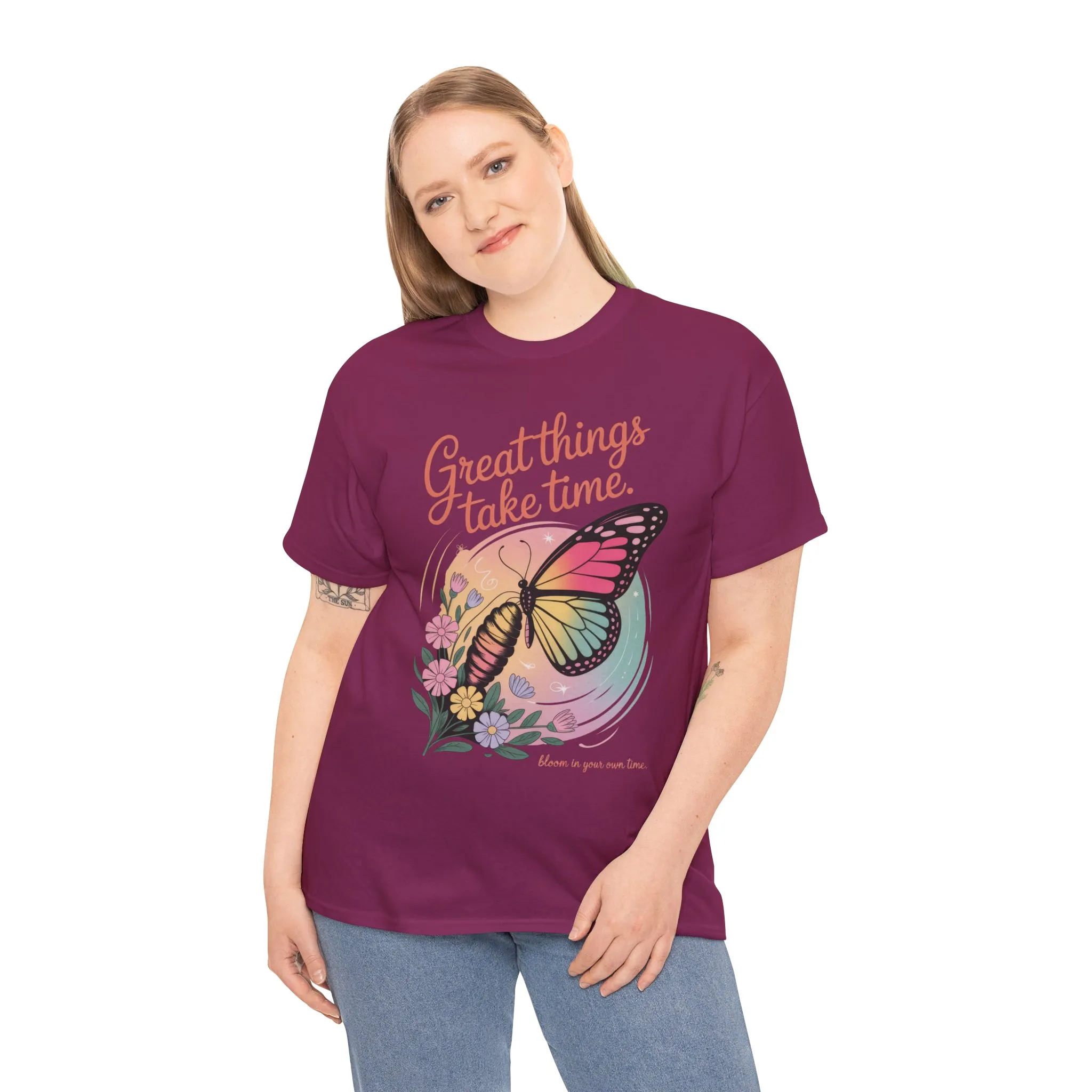 Butterfly Motivational Women's Heavy Cotton Tee, Great Things Take Time Shirt, Gift for Nature Lovers, Inspirational Apparel, Summer Outfit - Image 31