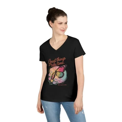 Inspiring Ladies' V-Neck T-Shirt, Great Things Take Time Butterfly Design, Relaxation, Motivation, Nature, Motivational Women's Tee - Image 4