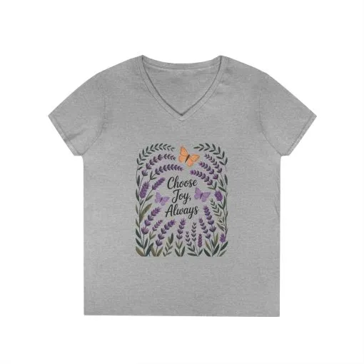 Ladies' V-Neck T-Shirt, Choose Joy Always, Positive Affirmation Tee, Floral Graphic Shirt, Inspirational V-Neck, Lavender Printed Tee - Image 4