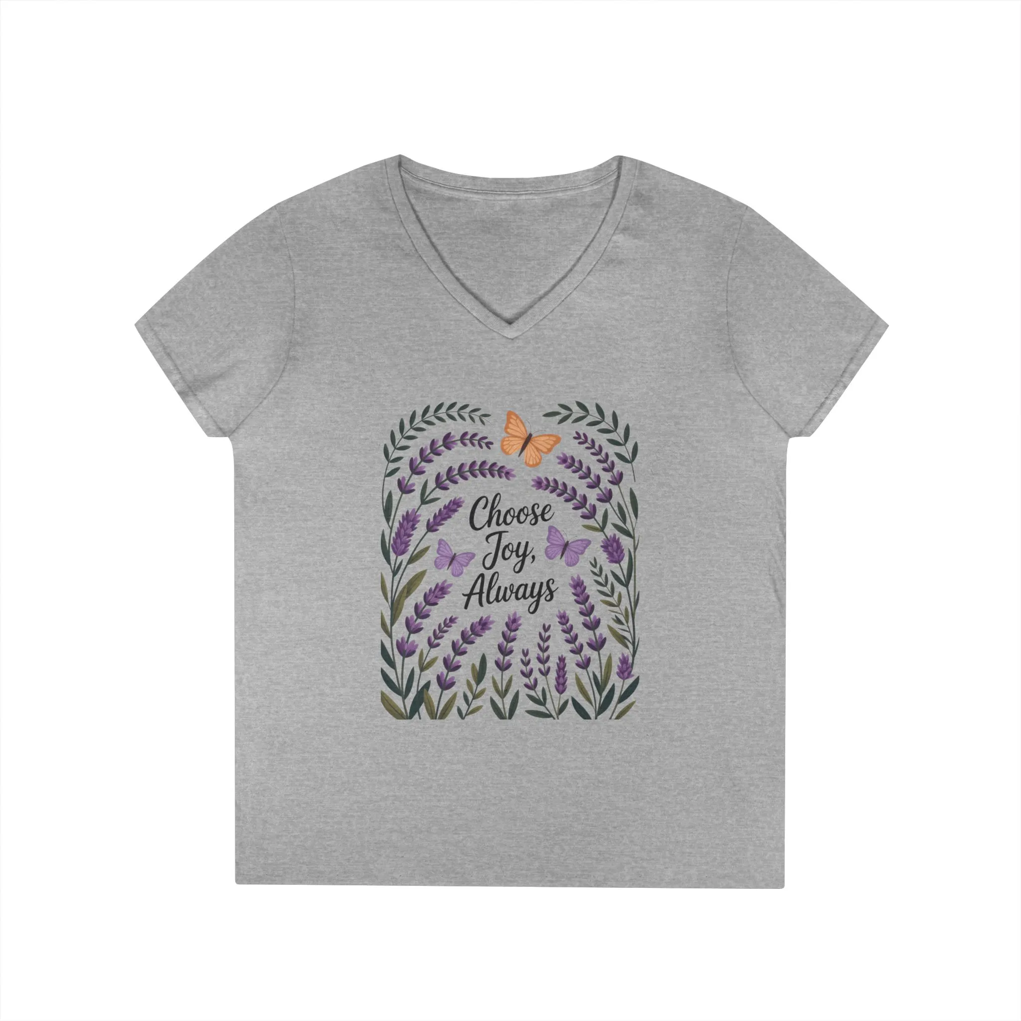 Ladies' V-Neck T-Shirt, Choose Joy Always, Positive Affirmation Tee, Floral Graphic Shirt, Inspirational V-Neck, Lavender Printed Tee - Image 4