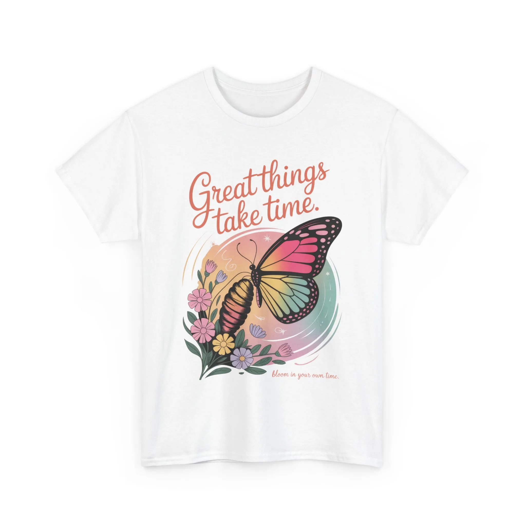 Butterfly Motivational Women's Heavy Cotton Tee, Great Things Take Time Shirt, Gift for Nature Lovers, Inspirational Apparel, Summer Outfit - Image 6