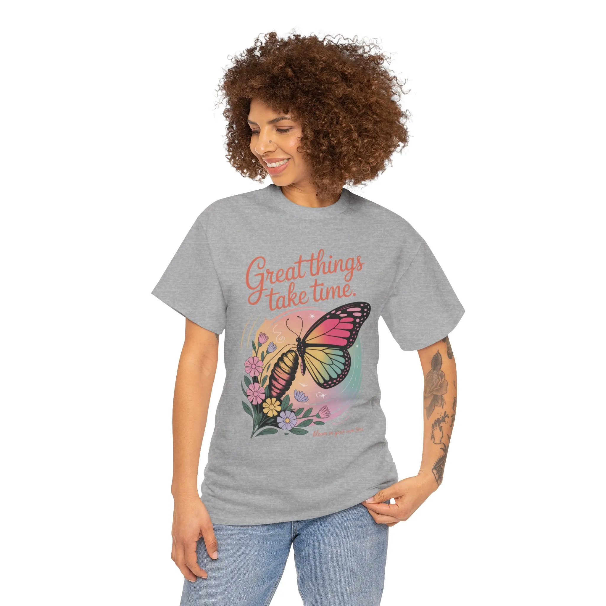 Butterfly Motivational Women's Heavy Cotton Tee, Great Things Take Time Shirt, Gift for Nature Lovers, Inspirational Apparel, Summer Outfit - Image 11