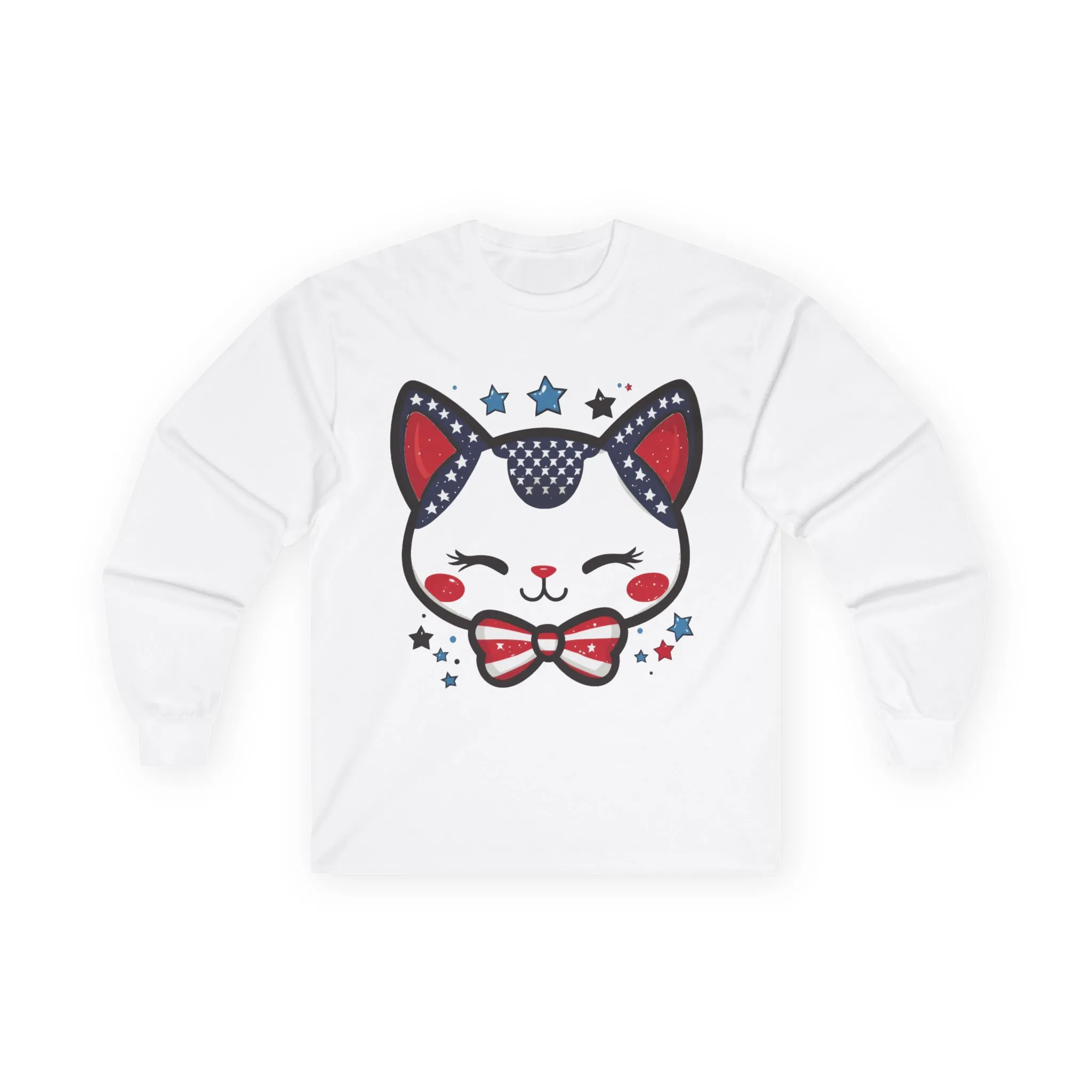 Cute Patriotic Cat Long Sleeve Tee, Unisex Cotton Shirt, Cat Lover Gift, 4th of July Tee, Fun Casual Wear, Holiday Apparel - Image 3