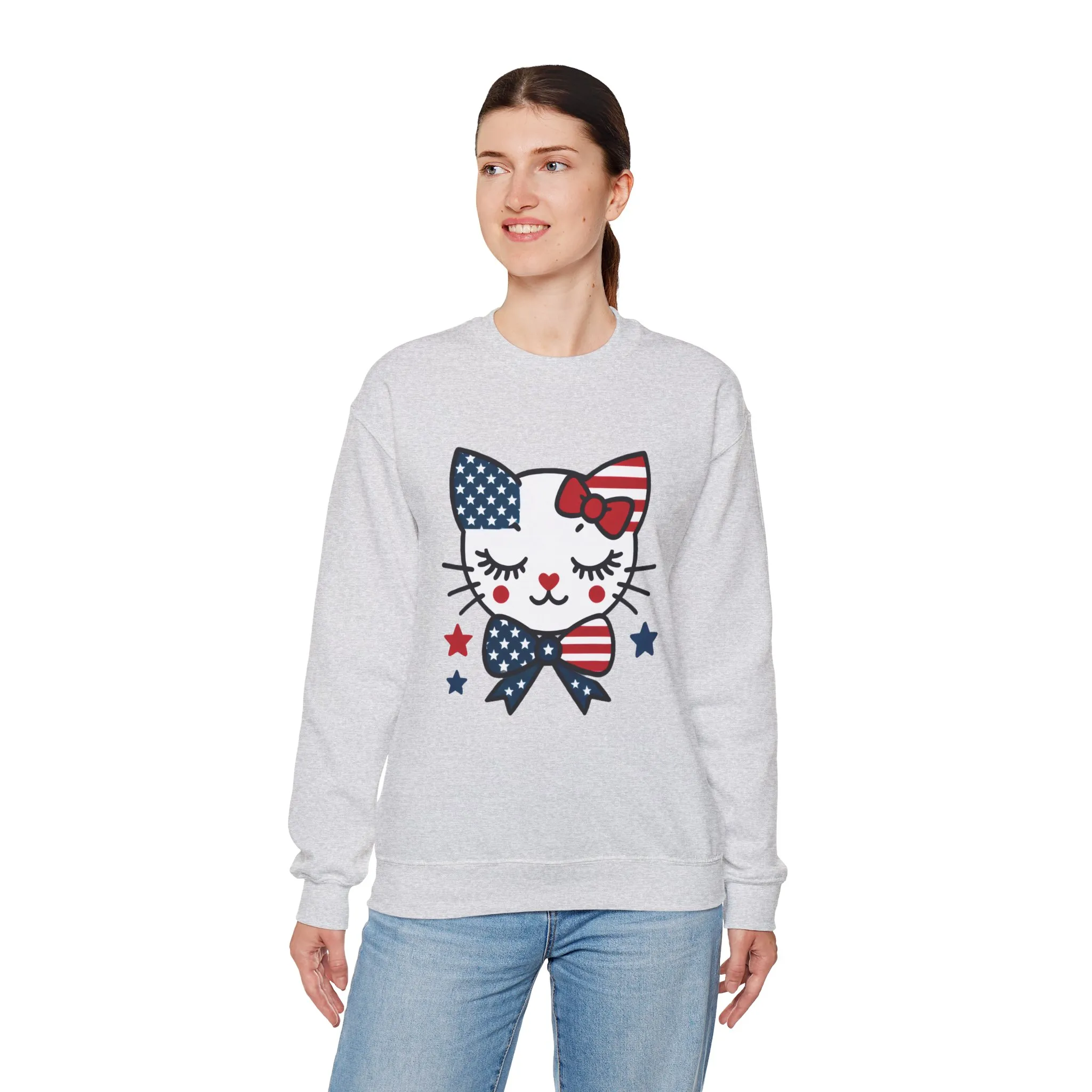 Cute Cat American Flag Sweatshirt, Women's Crewneck, Perfect for 4th of July, Women's Casual Wear, Cat Lovers Gifts - Image 8