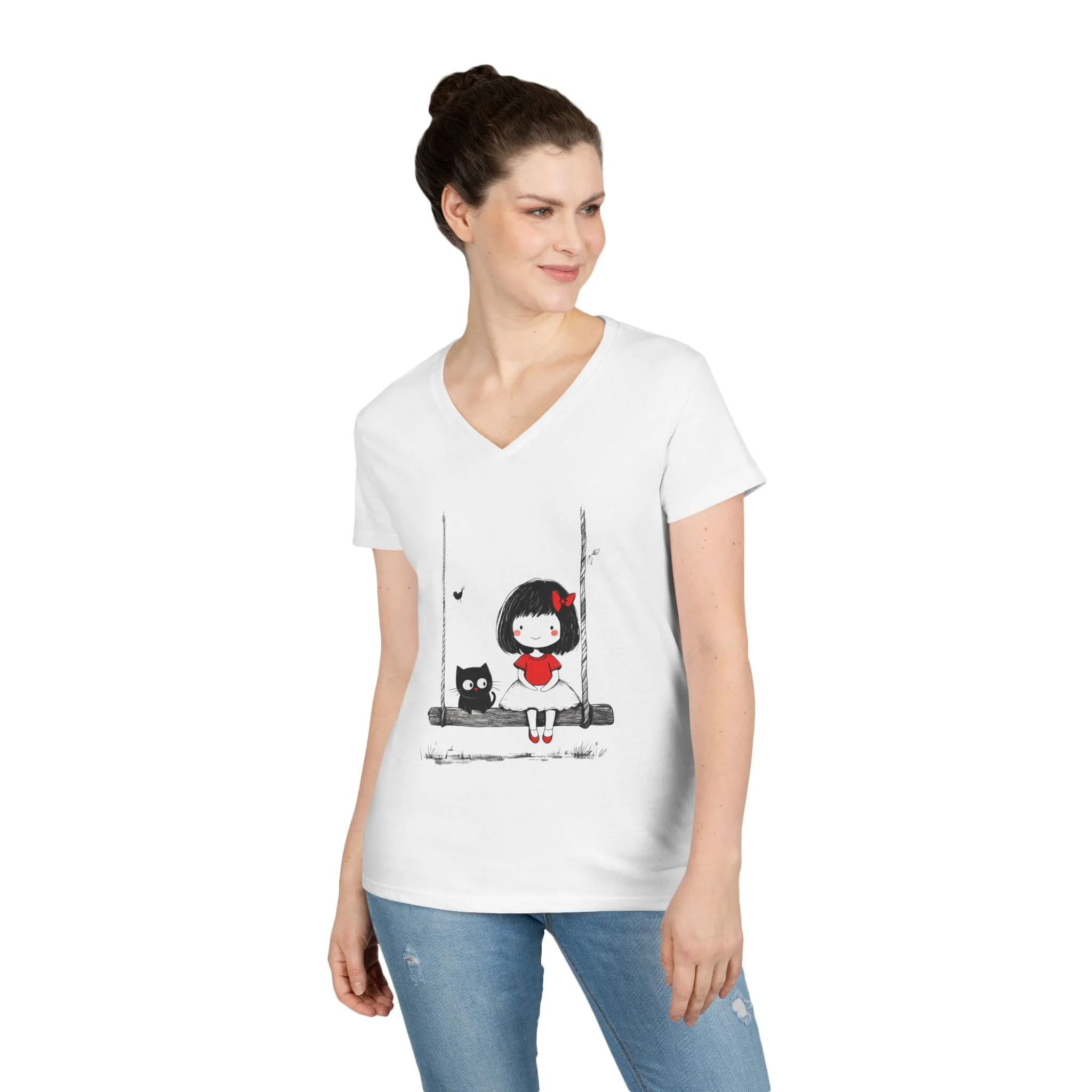 Cat Lover Girls' V-Neck T-Shirt, Gift for Birthday, Cat Lover T-Shirt, Cat Mom Gift